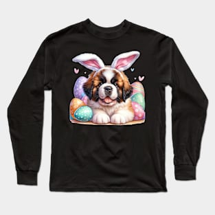 Puppy Saint Bernard Bunny Ears Easter Eggs Happy Easter Day Long Sleeve T-Shirt